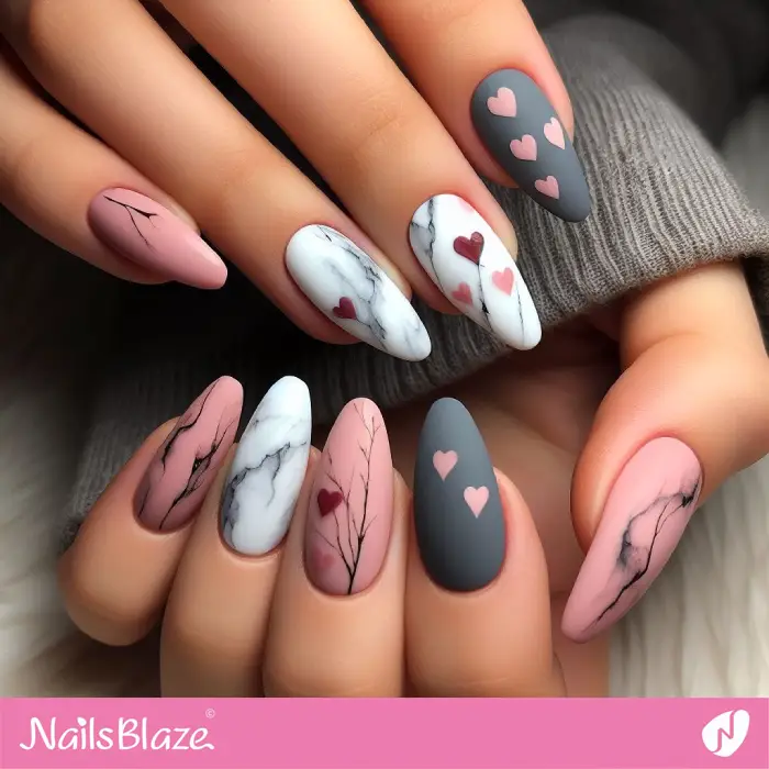 Matte Marble Nails with Hearts for Love Day | Valentine Nails - NB2151